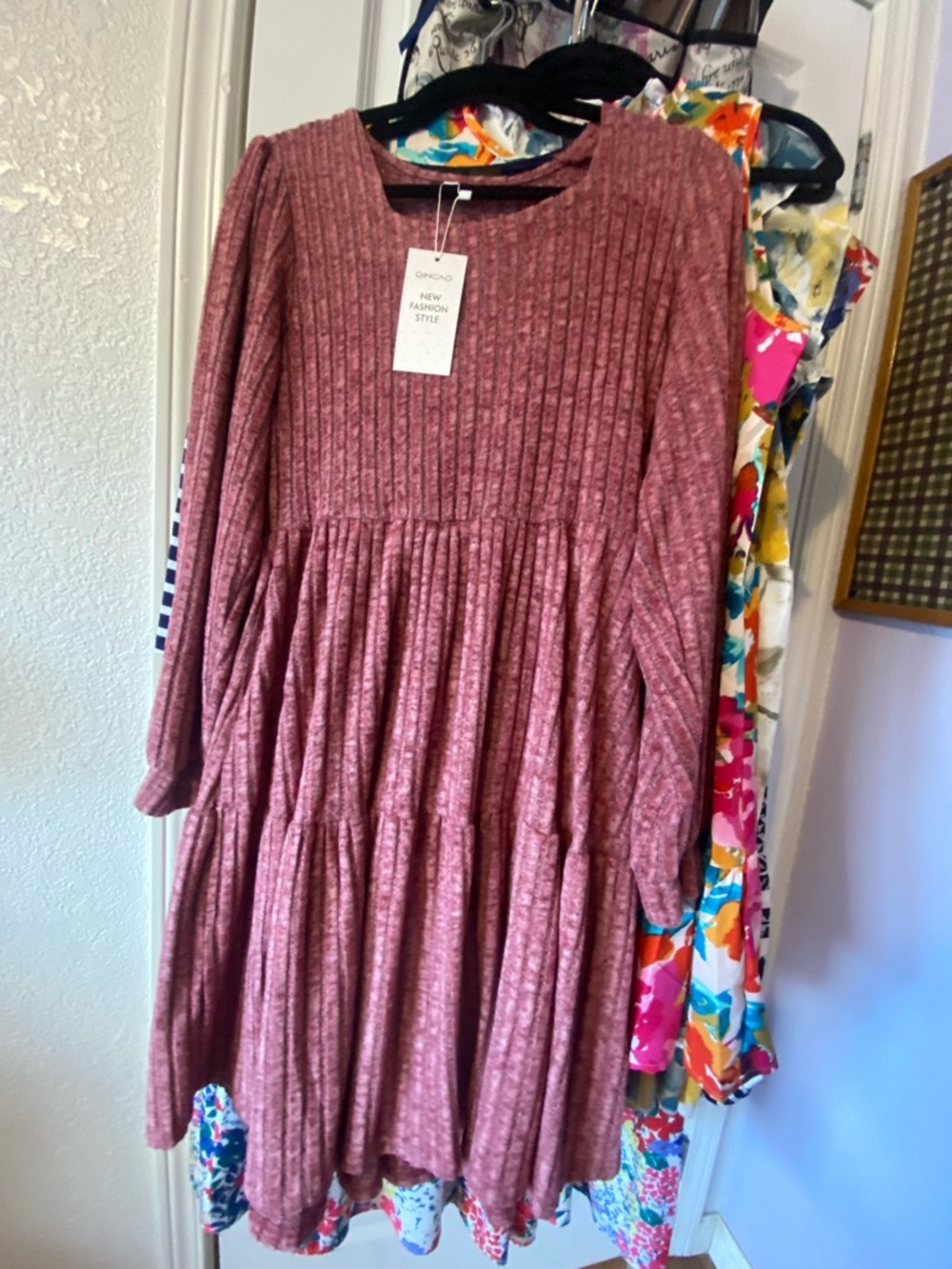 Women’s Long Sleeve Gathered Tier Dress - Rose Pink
